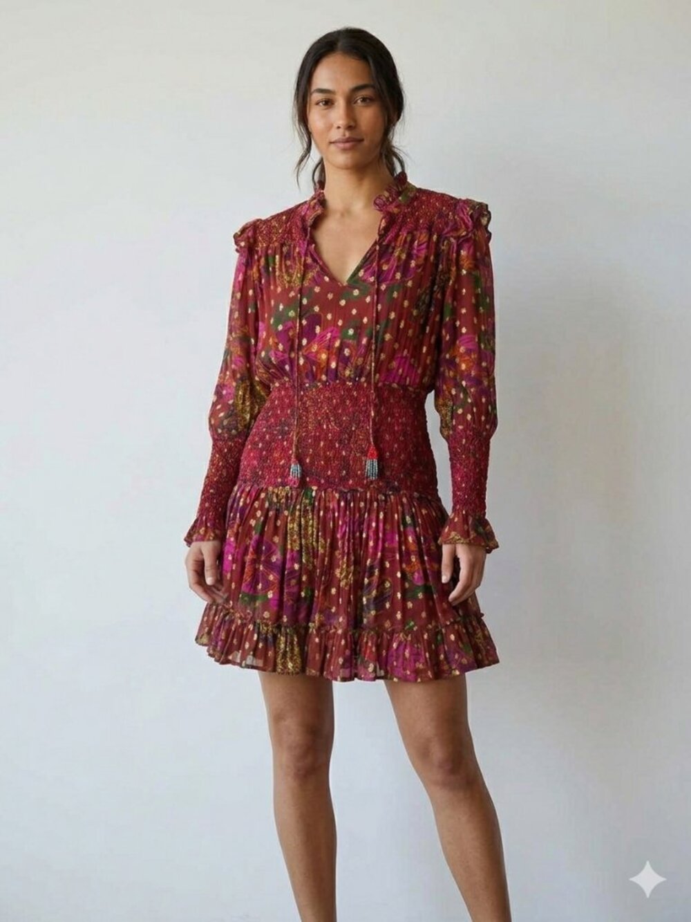 FARM Rio Banana Flowers Smocked Lurex Mini Dress - Size S